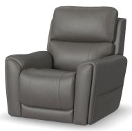 The Carter Zero Gravity Power Reclining Glider Chair With Heat, Massage, Power Headrest & Lumbar in Smoke Fabric features padded armrests, a contoured backrest, and visible stitching on a plain white background.