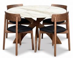 48" Solid Walnut Wood Round Entwine Table & Baton Chair Set with Stone Top in Natural Finish