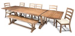 Mahogany Wood Yellowstone Grand 140" Extension Dining Table, Bench and Chair Set in Buckskin Finish