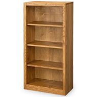 An Amish Crafted Solid Oak Wood Edgewood Bookcase, measuring 24″ wide by 48″ high in a Seely finish, features four empty shelves and stands upright on a white background.