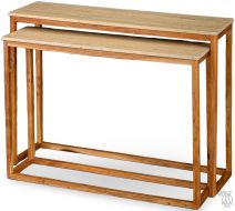 Solid Acacia Wood Set of Two Nesting Consoles with Travertine Top