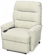An American Made Chia Dual Motor Lift Recliner Chair, upholstered in light gray fabric, with a remote control resting on the left armrest, shown against a white background.