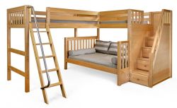 Solid Wood Framed Triathlon Twin over Full Bunk Bed with Twin Loft Bed, Staircase & Ladder System in Natural Finish