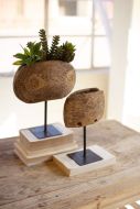 Repurposed Wooden Cow Bell Planters on Iron Stands Each