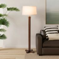 60" Swiss Cross Walnut Brass White Linen Floor Lamp