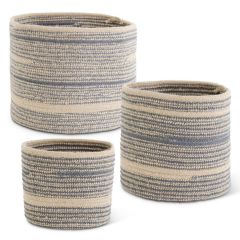 Large Round Blue And Tan Woven Rope Nesting Basket