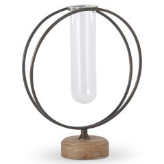 18.25" Glass Test Tube Vase in Round Metal Frame with Wood Base
