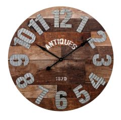 Antique 36" Round Wall Clock With Rustic Wood Back And Metal Numbers
