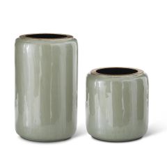 Large Sage Green Enameled Metal Vases w/ Gold Gilded Rims