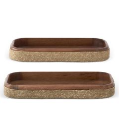Large Dark Mango Wood Nesting Tray w/ Woven Jute Sleeve