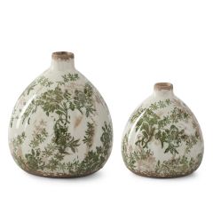 Green & Cream w/ Brown Crackled Ceramic Chinoiserie Vase Each