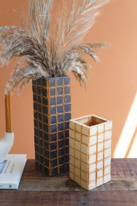 Etched Grid Black Clay Vase