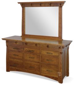 Amish Crafted Solid Character Cherry Wood MaRyan 9 Drawer Dresser & Mirror Set in Amber Glow Finish