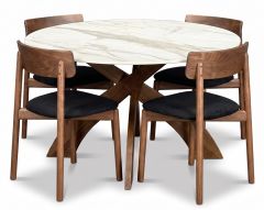 48" Solid Walnut Wood Round Entwine Table & Baton Chair Set with Stone Top in Natural Finish