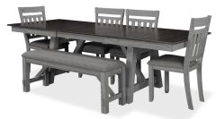Parawood & Mindi Wood Newport Refectory Leaf Trestle Extension Table, Chair & Bench Set in Smokey Grey Finish