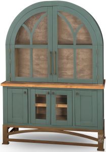 Solid Pine Wood Obsidian China Hutch in Green Teal Finish