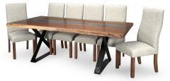 Amish Crafted Solid Rustic Walnut Vermillion Table with Earth Blue and Corbett Iron Base With Chairs Set