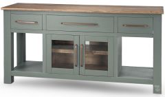 Solid Pine Wood Alban Three Drawer Two Door Console in Brown & Blue Sage Finish