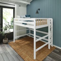 Solid Wood Framed Modern Queen High Loft Bed with Straight Ladder on End