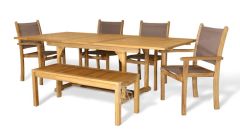 Solid Teak Wood Outdoor Dalton 89" Long Extension Table with Pearl Chairs and Bench