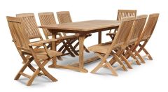 Solid Teak Wood Outdoor 118" Long Ihland Family Dining Table & Devon Folding Chair