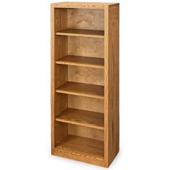 A tall Amish Crafted Solid Oak Wood Edgewood Bookcase, measuring 24″ wide by 60″ high in a Seely finish, features five empty shelves and stands against a white background.