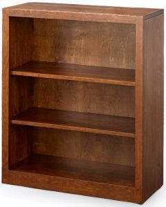 The Amish Crafted Solid Sap Cherry Wood Edgewood Bookcase 30″w x 36″h in Michaels Finish features three empty shelves and a smooth brown finish, with a simple rectangular design against a plain white background.