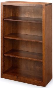 The Amish Crafted Solid Sap Cherry Wood Edgewood Bookcase 30″w x 48″h in Michaels Finish is a tall, empty four-shelf wooden bookcase displayed at an angle against a white background.