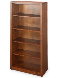 The Amish Crafted Solid Sap Cherry Wood Edgewood Bookcase 30″w x 60″h in Michaels Finish features five empty shelves and a simple, rectangular design. It stands alone against a white background.
