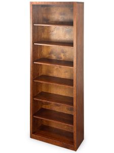 The Amish Crafted Solid Sap Cherry Wood Edgewood Bookcase 30″w x 84″h in Michaels Finish, featuring six shelves, stands empty against a plain white background.
