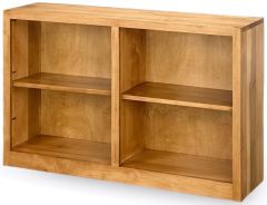 The Amish Crafted Solid Maple Wood Edgewood Bookcase 48″w x 30″h in Seely Finish features two spacious sections, each with an adjustable shelf, and a light natural Seely finish. The shelves are currently empty.