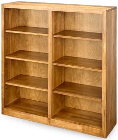 Amish Crafted Solid Maple Wood Edgewood Bookcase 48″w x 48″h in Seely Finish, featuring two columns with three adjustable shelves each, is shown empty against a plain background.