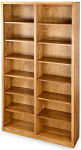 The Amish Crafted Solid Maple Wood Edgewood Bookcase 48″w x 84″h in Seely Finish features two vertical sections with five shelves each, made of light brown maple wood and standing against a plain background.