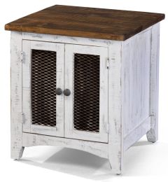 Pine Wood White Pueblo End Table with Mesh Doors in White & Natural Finish