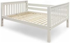 Solid Wood Framed Full Day Bed in White with Slats, featuring a slatted headboard, footboard, sides, and a wooden slatted mattress base.