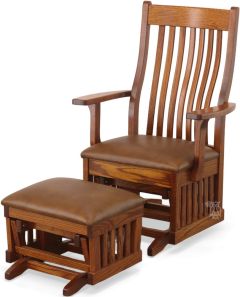 Amish Crafted Solid Oak Wood Glider Rocker & Ottoman with Leather Cushions