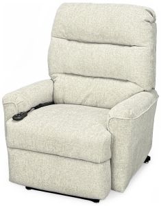 An American Made Chia Dual Motor Lift Recliner Chair, upholstered in light gray fabric, with a remote control resting on the left armrest, shown against a white background.
