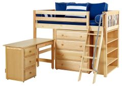 Solid Wood Framed Katching Mid Loft Storage Bed with Angled Ladder and Desk