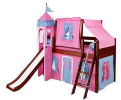 Solid Wood Framed Wow Low Loft Slide Bed with Pink Tent 