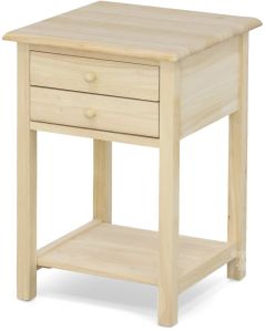 Solid Parawood Wood Two Drawer Lamp Table with Shelf Unfinished