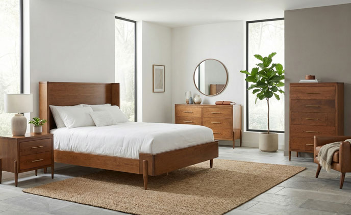 Bedroom furniture inspiration with wood bed, dresser, nightstand, and mirror