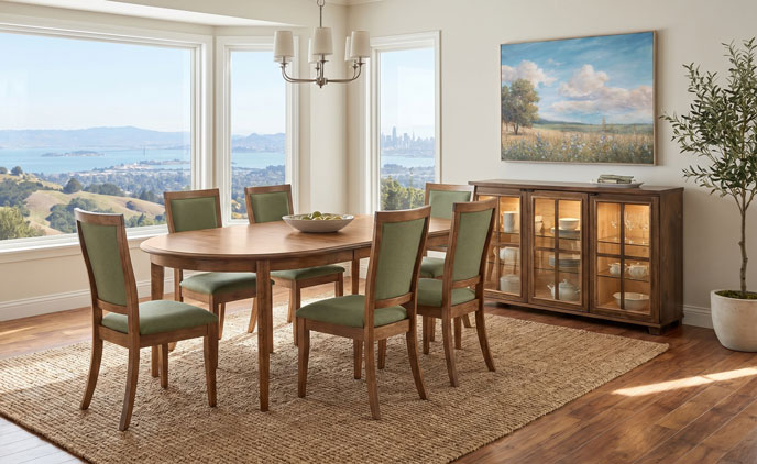 Dining room inspiration with wood table, chairs, and storage cabinet