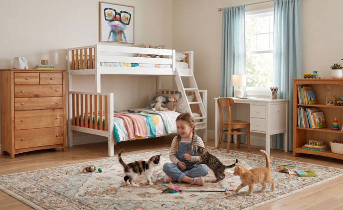 Kids bedroom inspiration with bunk bed, dresser, desk, and storage