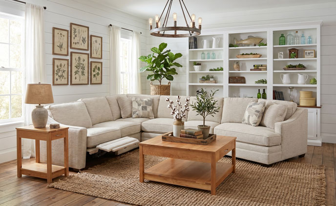 Living room inspiration with sectional sofa, built-in shelving, and coffee table