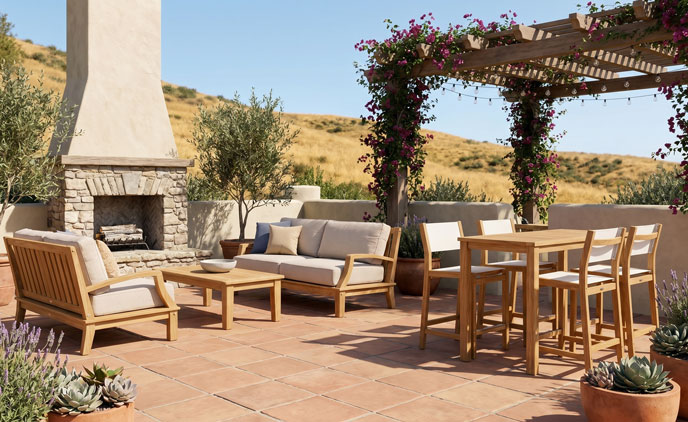 Outdoor patio furniture inspiration with seating, table, and fireplace