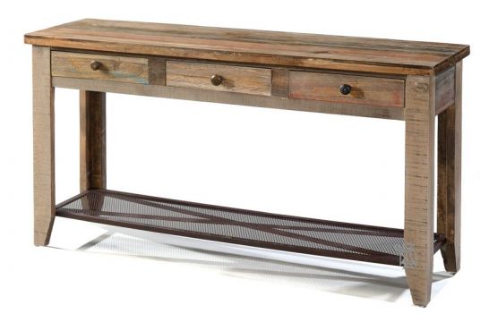Pine Wood Rustic Console Table With, Wooden Console Table With Drawers And Shelf