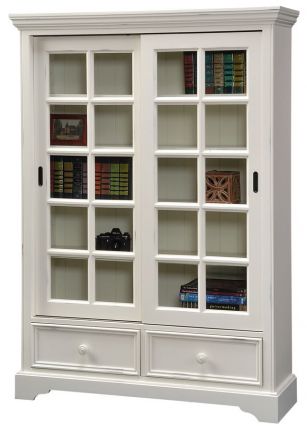 Pine Wood Vintage Louvre Sliding Door, White Bookcase Cabinet With Glass Doors
